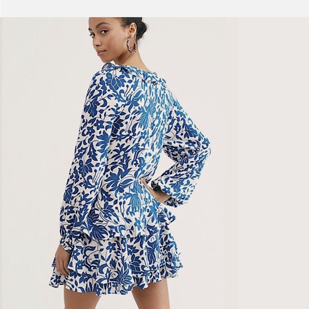 Free People Rebecca Blue and White Ruffled Floral Long Sleeve Dress Size M - Picture 11 of 14